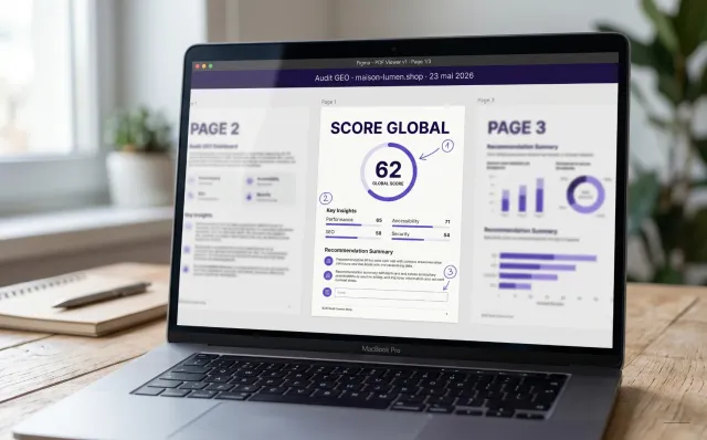 Aperçu du rapport d'audit GEO Shopify, score global et recommandations