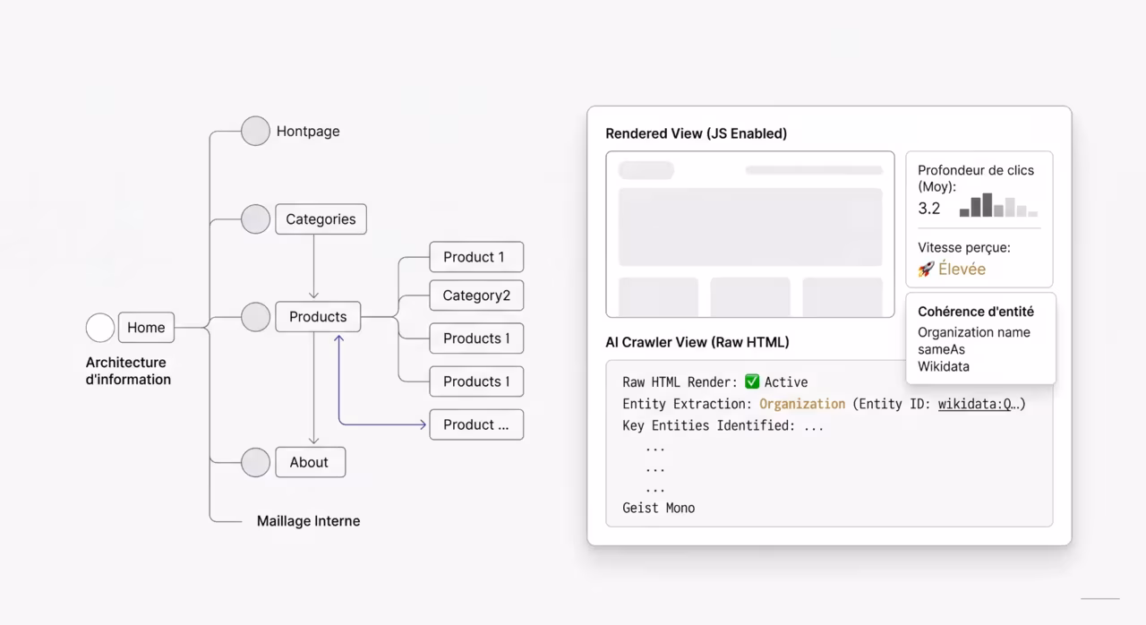 Extrait d'audit du site : arbre d'architecture d'information (Home, Categories, Products, About) à gauche, et comparaison Rendered View (JS activé) vs AI Crawler View (HTML brut) avec profondeur de clics, vitesse perçue et cohérence d'entité (Organization, sameAs, Wikidata).