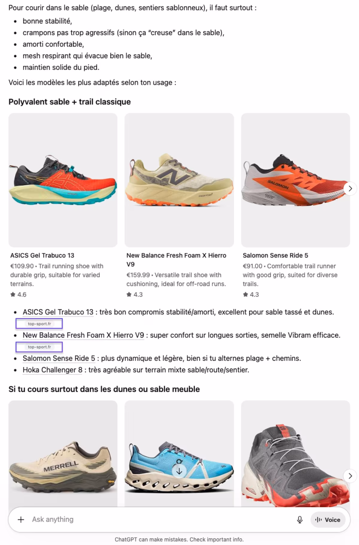 Réponse ChatGPT à la même question : un carrousel de produits (ASICS Gel Trabuco 13, New Balance Fresh Foam X Hierro V9, Salomon Sense Ride 5) avec prix, note et source marchande (top-sport.fr) encadrée sous chaque recommandation.
