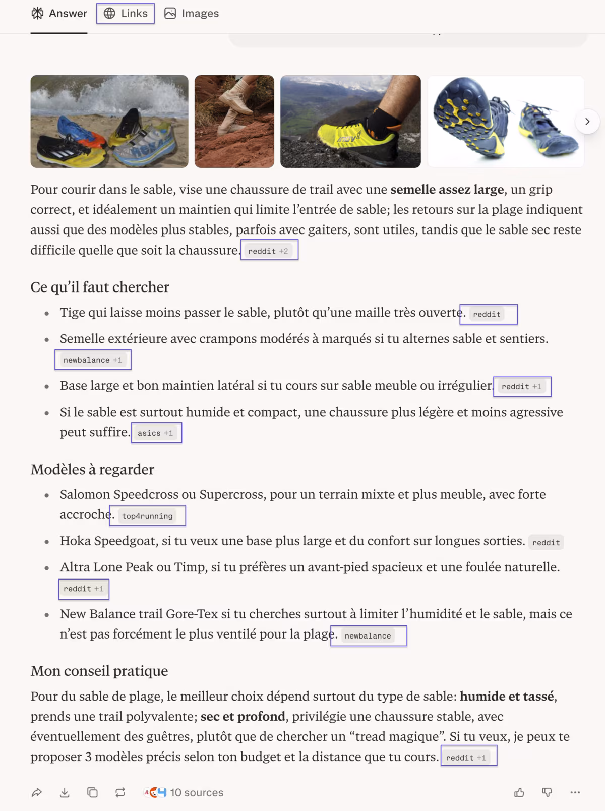 Réponse Perplexity à « quelle chaussure pour courir dans le sable » : les marques citées (Salomon, Hoka, Altra, New Balance) et leurs sources (reddit, newbalance, asics, top4running) sont encadrées, montrant quelles marques sont recommandées et lesquelles sont absentes.